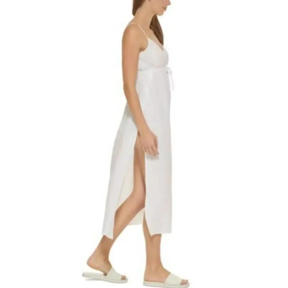 DKNY White V Neck Front Tie Maxi Dress Cover Up Women's Medium‎ Beach Pool